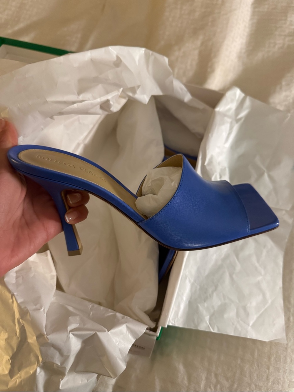 Bottega Veneta Cobalt Blue Leather Square-Toe Stiletto Mules